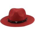 Red straw fedora hat featuring a bull skull ornament and metallic studded band detail - M (56-58cm) / Red