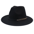 Detail of black fedora hat with wide brim featuring leather band and gold metal chain - M (56-58cm) / Black