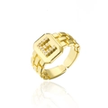 Detailed view of 18K gold plated adjustable ring with letter E and cubic zirconia stones - Letter E