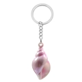 Detailed view of a pearlescent pink conch seashell keychain with silver metal hardware - Pink