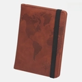 Brown leather RFID passport holder with world map embossment and elastic strap - Brown
