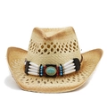 Détail d'un chapeau de paille western avec pierre turquoise, perles et tissage ajouré - Style Beige avec Décoration Turquoise (01)