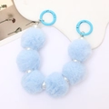 Short phone strap with light blue plush pom-poms and white imitation pearls - Light Blue Style (K2534)