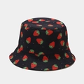 Classic black cotton bucket hat featuring red strawberry prints and white polka dots - M / Black Small Strawberry