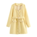 French style pale yellow tweed mini dress with square neck and pearl belt detail - M / Yellow