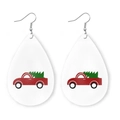 Faux leather teardrop earrings featuring a red truck and green Christmas tree pattern - White with Red Truck Christmas Tree