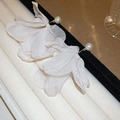 Dettaglio degli orecchini a petalo in tessuto bianco con ganci dorati e perle - Stile Orecchini a Bottone in Rete con Petalo di Perla (18#)