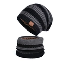 Set berretto e scaldacollo in maglia a righe nere e grigie con calda fodera in pile invernale - Nero