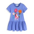 Abito in cotone blu viola a maniche corte con ricamo unicorno e orlo con volant - 2T / Blu Violetto