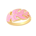 Detail of gold monstera leaf ring featuring pink enamel inlay for summer fashion - Adjustable Open / Pink