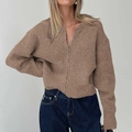 Brown knitted zip-up cardigan with dropped shoulders and relaxed fit for women - S / Brown