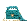 Handmade woven turquoise crochet handbag with chunky knit texture and gold chain strap - Turquoise