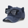 Detail view of denim baseball cap with cat ears and integrated aviator sunglasses - Adjustable / Navy Blue