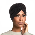 Close-up of black turban for women featuring a stylish braided knot and elastic texture - Black