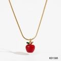 Golden snake chain necklace featuring a glossy red apple pendant with green leaf detail - Red Apple + Gold Necklace (KD1580)