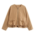 Detail view of khaki flight jacket featuring utility pockets and adjustable hem drawstring - S / Khaki