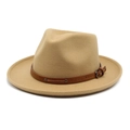 Classic camel tan wool fedora hat with a leather decorative band and silver buckle - M(56-58cm) / Camel