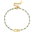 Gold stainless steel KISS bracelet featuring small turquoise blue beads and letter charm - Lake Blue (SL1759)