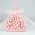 Pink princess dress wedding favor box with laser-cut hollow flowers and ribbon - Pink