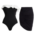 Elegant black and white strapless swimsuit set with ruffle trim and ruched skirt - S / Swimsuit + Sarong Set