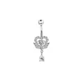 Silver stainless steel navel ring with winged heart and teardrop zircon dangle - XY-16 Winged Heart