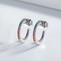 Rainbow cubic zirconia C-shaped earrings in 925 sterling silver with multicolor gems - 925 Silver / White Gold Small