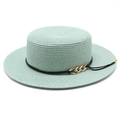 Canotier vert menthe à bord plat avec ruban noir et chaîne dorée pour vacances d'été - M (56-58cm) / Vert menthe