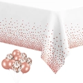 White disposable tablecloth with rose gold polka dots and matching party balloons - Pink Dots