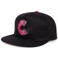 Black flat brim hip hop hat featuring a pink doughnut embroidery shaped like letter C - Black Pink Donut Letter C Embroidery
