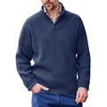 Men's solid color knit sweater with half-zip stand collar in deep blue loose fit - Dark Blue