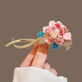 Elegant pink enamel flower hair clip with white pearl and blue leaves on gold finish - Pink Flower Blue Leaf Twist Clip