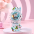 Detailed view of kids digital watch with 3D unicorn rainbow strap and clear display - Lake Blue