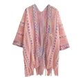 Pink bohemian knit cardigan with colorful geometric patterns and decorative fringe hem - Pink