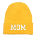 Yellow knit beanie featuring bold white MOM embroidery on the folded cuff - MOM / Yellow