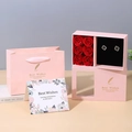 Pink gift box set with six red soap roses and black four-leaf clover earrings - Feather-patterned Pink; Flower Box + Tote Bag + Greeting Card