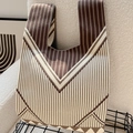 Minimalist knit tote bag featuring earthy-toned brown and beige contrast stripes - Vertical V-shaped Khaki