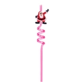 Pink curly plastic straw with cartoon Santa Claus figure for Christmas parties - Waving Santa / Pink