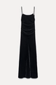 Detailed view of black velvet midi dress showing ruching detail and thin spaghetti straps - XS / Black