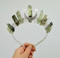 Boho crystal crown headband with green fluorite stones and vintage silver moon charm - Prehnite + Clear Quartz