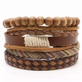 Meerlagige herenarmbandset van gevlochten leer met houten kralen in bruine tinten - Bruine houten kralen gevlochten combinatie (3)