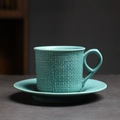 Japanese retro ceramic coffee cup and saucer set with green woven texture surface - 248-medium-cloth Bag Pattern Coffee Mug + Saucer (green) 250ml / Universal