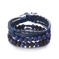 Set of three men's braided leather and matte stone bead bracelets in blue and black - 3-Piece Set/Woven Leather/Lapis Style Beads / Blue/Black