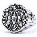 Detailed macro view of vintage silver steel ring with shield emblem and warrior engraving - US 7 / Retro Shield Badge Cross Band (20405) / Antique Silver (20405)