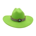 Neon green felt cowboy hat featuring ethnic embroidery and a turquoise gemstone detail - Large Brim Oval Blue Stone / Grass Green