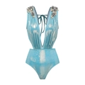 Deep V-neck monokini in shiny metallic blue with decorative shoulder flower details - S / Blue Swimsuit