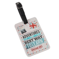 Vintage PU leather luggage tag with British adventure prints and black adjustable strap - London Adventure/Postage Style
