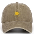 Detail of yellow sun embroidery on vintage washed khaki cotton baseball cap - Khaki
