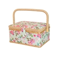Floral print sewing basket with pink roses and brown woven handle storage box - A Style - Green With Pink Floral