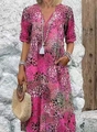 Robe bohème col en V à manches courtes avec imprimé floral rose rouge et dentelle - S / Robes / Rose rouge
