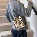 Faux fur leopard print bucket bag with gold drawstring chain and pearl details - 19*15*18 / White Rabbit Fur